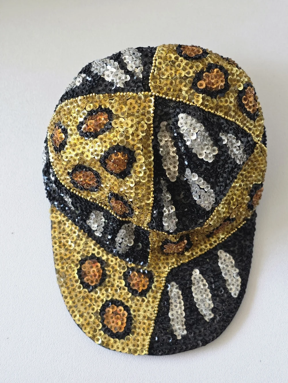 Y2K Sequin Leopard Print Hat Gold Black Mob Wife McBling Glam Statement Cap Vtg - Picture 10 of 16